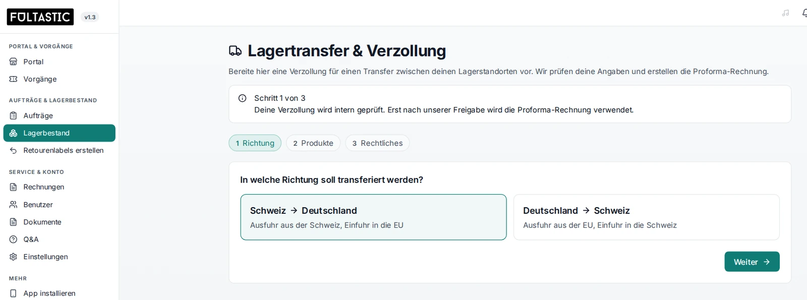 Lagertransfer und Verzollung im fultastic Kundendashboard